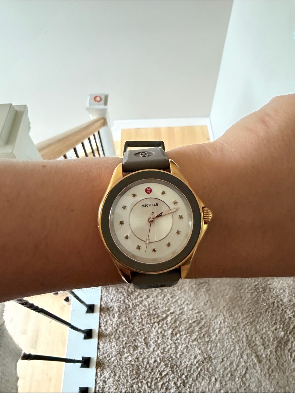 Michele Gold Case Gray Strap Women's Diamond Marker Watch
